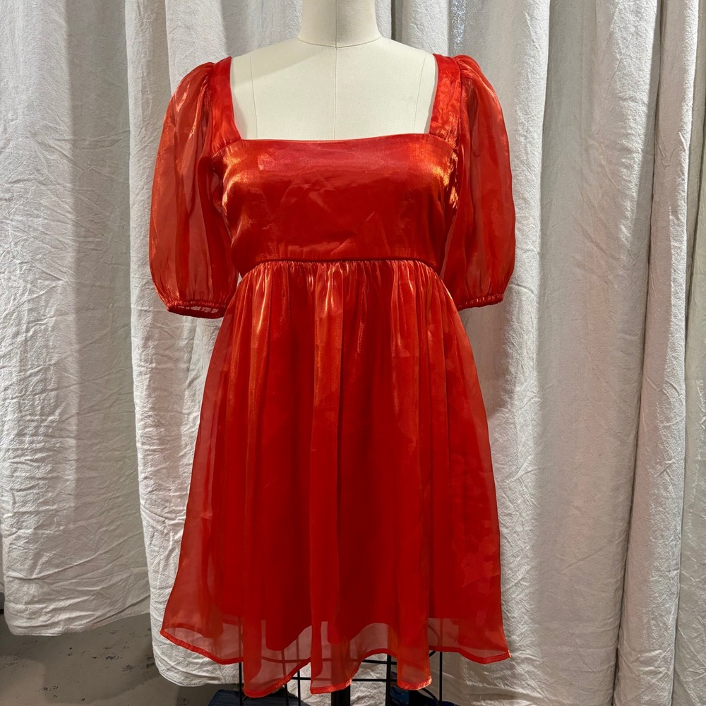 Bae Vely Orange Organza Puff Sleeve Babydoll Mini Dress Square Neck‎ Tie Back S